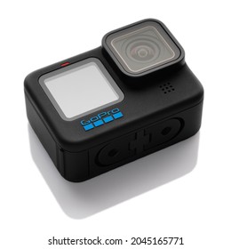 NEW YORK CITY, USA - SEPTEMBER 16, 2021: New Flagship Action Camera GoPro HERO 10 Black Isolated On White Background.