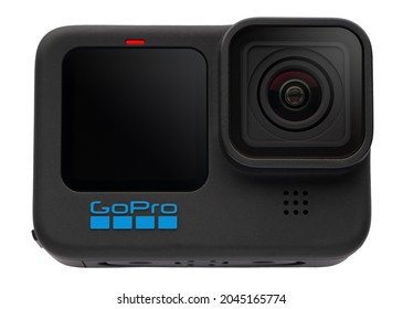 NEW YORK CITY, USA - SEPTEMBER 16, 2021: New Flagship Action Camera GoPro HERO 10 Black Isolated On White Background.