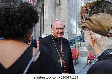 New York City, New York, USA - September 10 2022: Cardinal Timothy Dolan Greeting Marchers In Front Of St. Patrick's Cathedral During The 2022 Labor Day Parade And March.