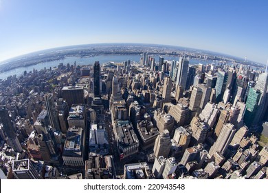 New York City, USA - September 27, 2014:  High Angle View Of Manhattan In New York City During Daytime.  Shot From Fisheye Lens.