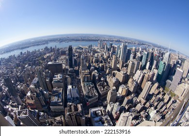 New York City, USA - September 27, 2014: High Angle View Of Manhattan In New York City During Daytime. Shot From Fisheye Lens.