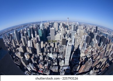 New York City, USA - September 27, 2014: High Angle View Of Manhattan In New York City During Daytime. Shot From Fisheye Lens.