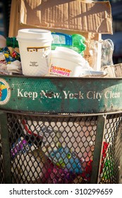 NEW YORK CITY, USA - SEPTEMBER, 2014: Full Trash Can In New York City