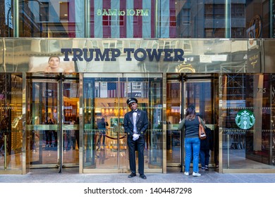 New York City, New York - USA United States - 04 08 2019:  Trump Tower NYC entrance. Doorman and visitors in front of the Trump Tower on 721 Fifth Avenue, Manhattan. Editorial use.