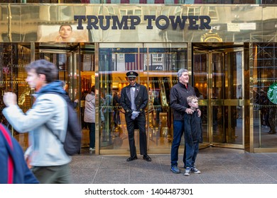 New York City, New York - USA United States - 04 08 2019:  Trump Tower NYC entrance. Doorman and visitors in front of the Trump Tower on 721 Fifth Avenue, Manhattan. Editorial use.