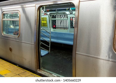New York City, New York - USA United States - 04 08 2019: NYC Subway. Inside the train car