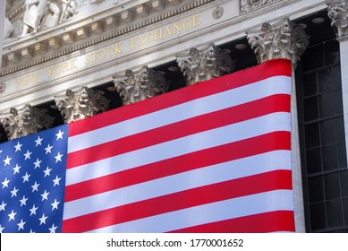 New York City, USA-October 2009; Close Up View Of Part Of The American Flag On The Facade Of The New York Stock Exchange (NYSE) With Letters In Gold Right Above Flag