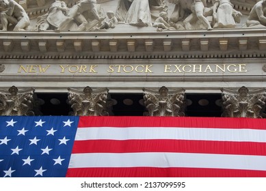 New York City, USA-October 2009; Close up view of part of the American flag on the facade of the New York Stock Exchange (NYSE) with letters in gold right above flag