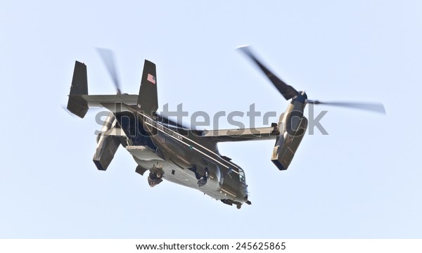 NEW YORK CITY, USA-OCTOBER 5, 2014: MV-22 Osprey.\
Marine Helicopter Squadron One (HMX-1) is responsible for the\
transportation of the President of the United States, Vice\
President and other VIPs