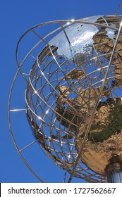 New York City, USA-Sept 2019; Low angle partial view of the Columbus Circle Globe on Columbus Circle which is dedicated to the Unisphere in Flushing Meadows
