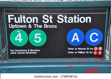 New York City, USA-Sept 2019: Subway Entrance Sign For Fulton Street Station To Uptown And The Bronx