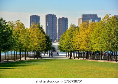 New York City, USA-September 2019; High Angle View Of The Franklin D Roosevelt Four Freedoms State Park With The Skyline Of Manhattan In The Background