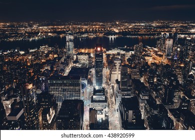 New York City West Side 34th Street Urban Cityscape View At Night.