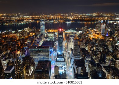 New York City West Side 34th Street Urban Cityscape View At Night.