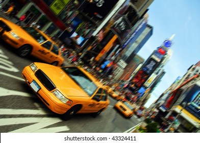 New York City Yellow Cab Taxi, Times Square Skyline Cityscape. Epic Vivid New York NYC Tourist Landmark From America.