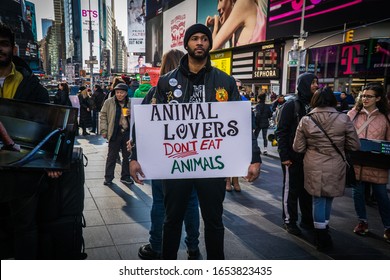 New York City, New York/USA February 23, 2020 Animal Rights Activist Held A Demonstration In Times Square Advocating That Becoming A Vegan Stops Animal Cruelty. 