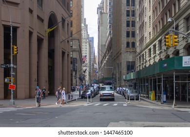 New York City, New York/USA - July 6 2019: Wall Street And Water Street Intersection At Downtown Manhattan Financial District 