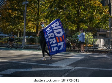 New York City, New York/USA November 7, 2020. Thousands Celebrate Joe Biden Defeating Donald Trump In The Presidential Election  And Kamala Harris The First Woman Vice President Of The United States. 