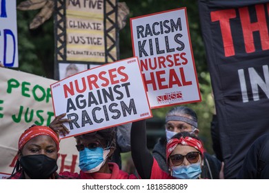 New York City, New York/USA September 20, 2020 Various Activists Groups Marched Demanding Climate And Racial Justice. 