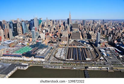 NEW YORK CITY-APRIL 6:Aerial view of Penn Station and Empire State Building on April 6, 2012. Penn Station is the busiest passenger transportation facility in the United States.