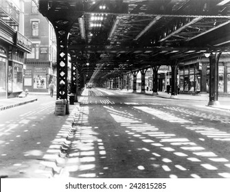 New York City's west side elevated railroad at Greenwich Street, New York in the 1930s.