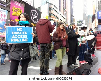 New York City/USA March 13 2017: No Dakota Access Pipeline: Demonstrators In Times Square Protest The Controversial Dakota Access Pipeline.