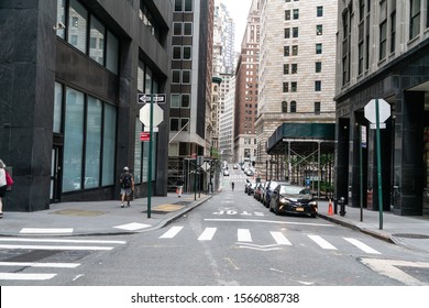 New York City/USA - September 2, 2019: Street Level Alley Of Road In Downtown Manhattan's Financial District.