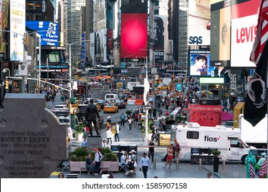 New York City/USA - September 2, 2019: Elevated Times Square View With Empty Bright Red Billboard For Business.