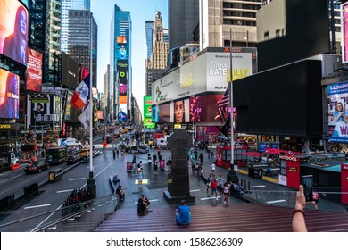 New York City/USA - September 2, 2019: Elevated View Of Downtown Manhattan In Times Square With Large Blank Billboard,