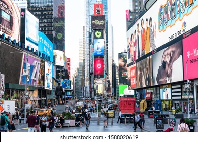 New York City/USA - September 2, 2019: Times Square Architecture And Large Screen Ad Displays.