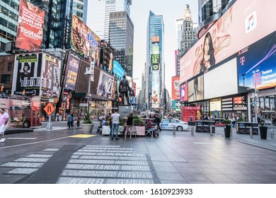 New York City/USA - September 2, 2019: Duffy Square's Amazing Views Of Times Square With Large Screen Billboards And Neon Signs.