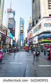 New York City/USA - September 2, 2019: NYC's Times Square Goes Vertical With Street Lined Architecture.