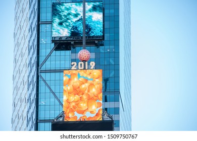 New York City/USA - September 3, 2019: Iconic New Years Eve Ball Drop Location In Midtown Manhattan's Times Square.