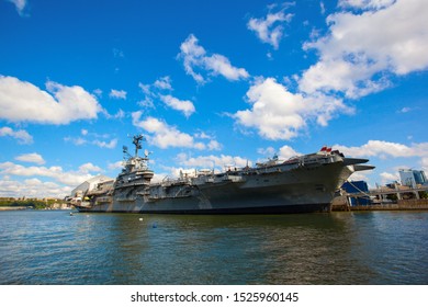 NEW YORK CITY/US-SEP 13: New York City scenery- intrepid sea aircraft carrier and Air & Space Museum on Sep 13 2019 in New York City, NY, U.S.A..