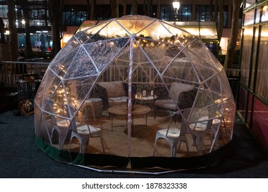 NEW YORK, NEW YORK - December 10, 2020: An Igloo Outdoor Dining Tent Near The Bryant Park Skating Rink During The COVID-19 Coronavirus Pandemic.