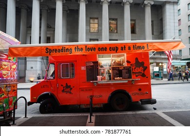 NEW YORK - DECEMBER 12, 2017: NYC Love Street Coffee Food Truck In Midtown Manhattan. There Are About 4,000 Mobile Food Vendors Licensed By The City 