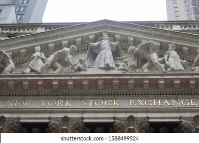 NEW YORK - DECEMBER 13, 2019: NEW YORK STOCK EXCHANGE exterior NYSE stock exchange with sign