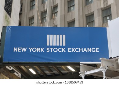 NEW YORK - DECEMBER 13, 2019: NYSE Banner With Brand Logo Sign On Exterior Of NYSE Stock Exchange