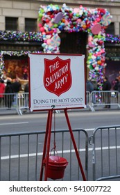 NEW YORK - DECEMBER 15, 2016: Salvation Army Red Kettle For Collections In Midtown Manhattan. This Christian Organization Is Known For Its Charity Work, Operating In 126 Countries