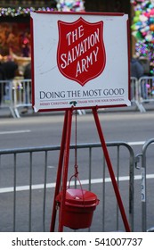 NEW YORK - DECEMBER 15, 2016: Salvation Army Red Kettle For Collections In Midtown Manhattan. This Christian Organization Is Known For Its Charity Work, Operating In 126 Countries