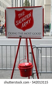 NEW YORK - DECEMBER 15, 2016: Salvation Army Red Kettle For Collections In Midtown Manhattan. This Christian Organization Is Known For Its Charity Work, Operating In 126 Countries