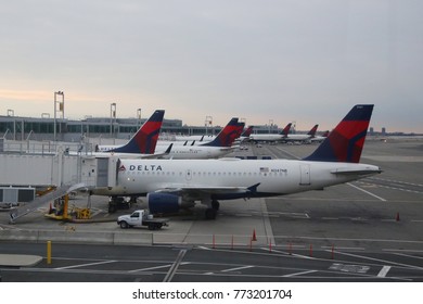 NEW YORK- DECEMBER 3, 2017: Delta Airlines planes on tarmac at John F Kennedy International Airport in New York