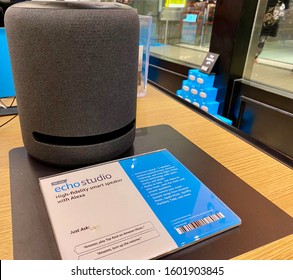 NEW YORK- DECEMBER 30, 2019: Amazon Echo Studio high fidelity Smart speaker with immersive sound. Built-in smart home hub. AMZN Jeff Bezos CEO. Virtual assistant Alexa. Play music, news, information.