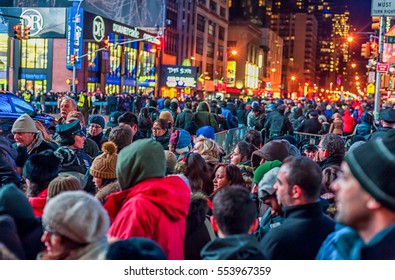 NEW YORK, NEW YORK - DECEMBER 31, 2013: New York Street Before New Years Eve. People Waiting Ball Drop.