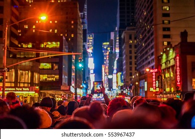 NEW YORK, NEW YORK - DECEMBER 31, 2013: New York Street Before New Years Eve. People Waiting Ball Drop.