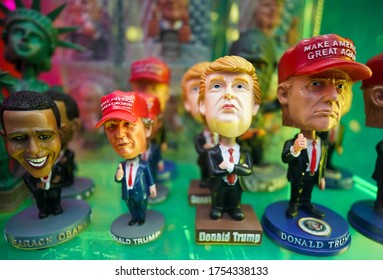 NEW YORK - DECEMBER 5, 2019: Presidential Bobble Heads On Display In Souvenir Store In Midtown Manhattan