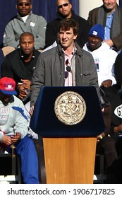 NEW YORK - FEB 7, 2012: New York Giants Quarterback Eli Manning (10) Speaks During The Super Bowl XLVI Victory Celebration At City Hall In Downtown Manhattan. 