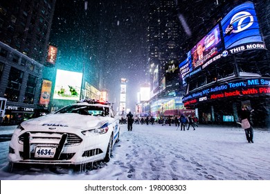 NEW YORK - Febrary 12: The Police Car In Snow On The Times Square, As Seen On Febrary 12, 2014.