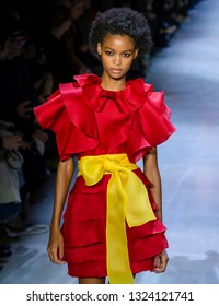 New York, New York - February 10, 2019: A Model Walks The Runway At Prabal Gurung Fall Winter 2019 Fashion Show