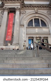 NEW YORK, NEW YORK - FEBRUARY 14, 2022: Low Angle View Of The Met Museum's Front Entrance, NYC, NY, US